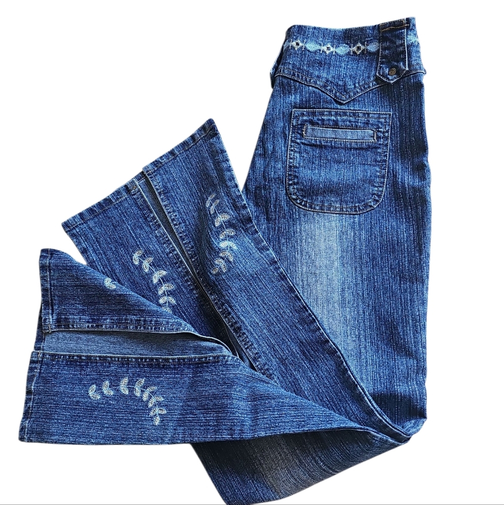 Vintage Denim Detailed Front Slpit Hem Flared Jeans w Zipper & Buckle Belt S 29